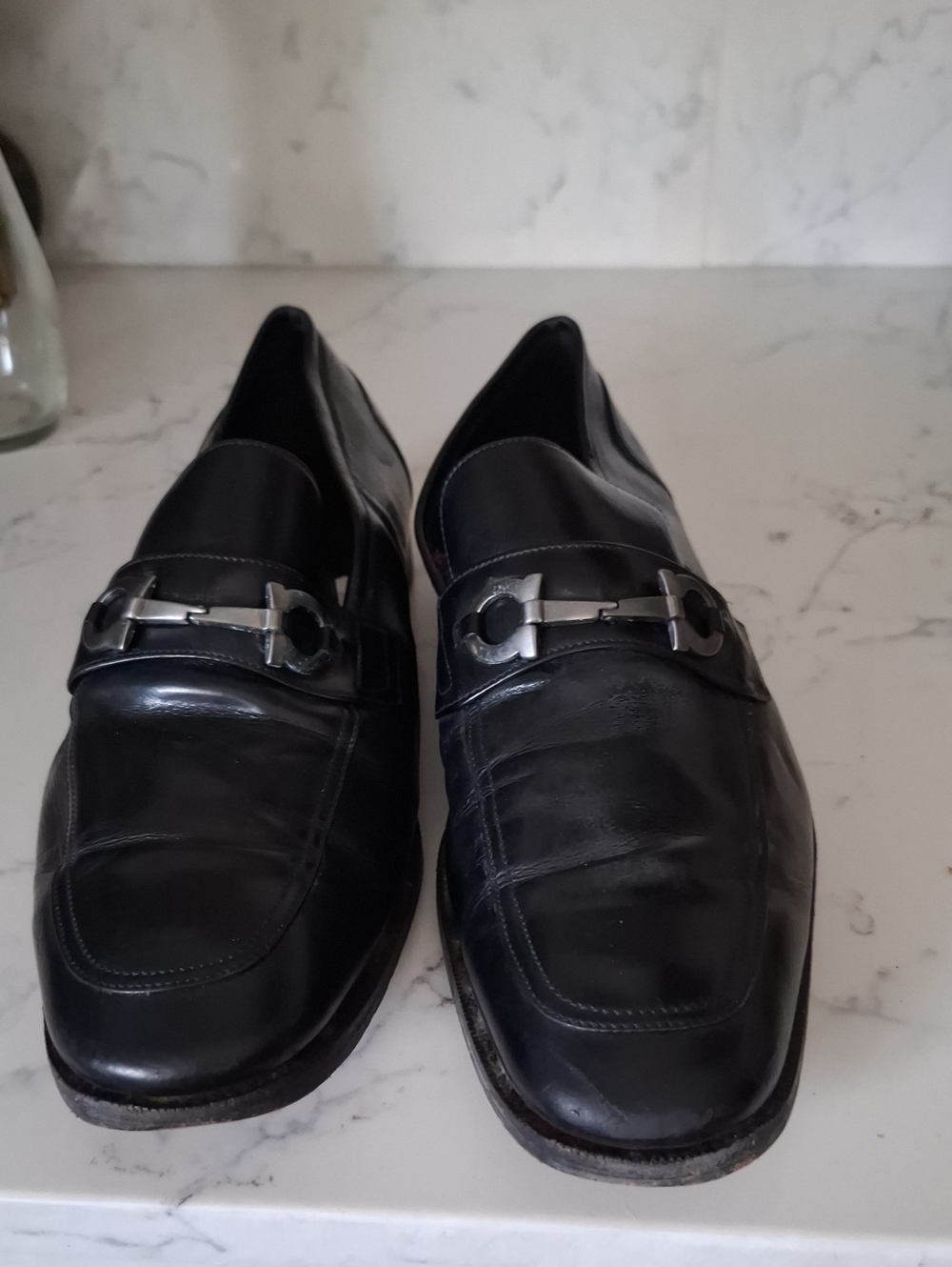 Salvatore Ferragamo Black Leather Men's Dress Loafers with Metal Logo